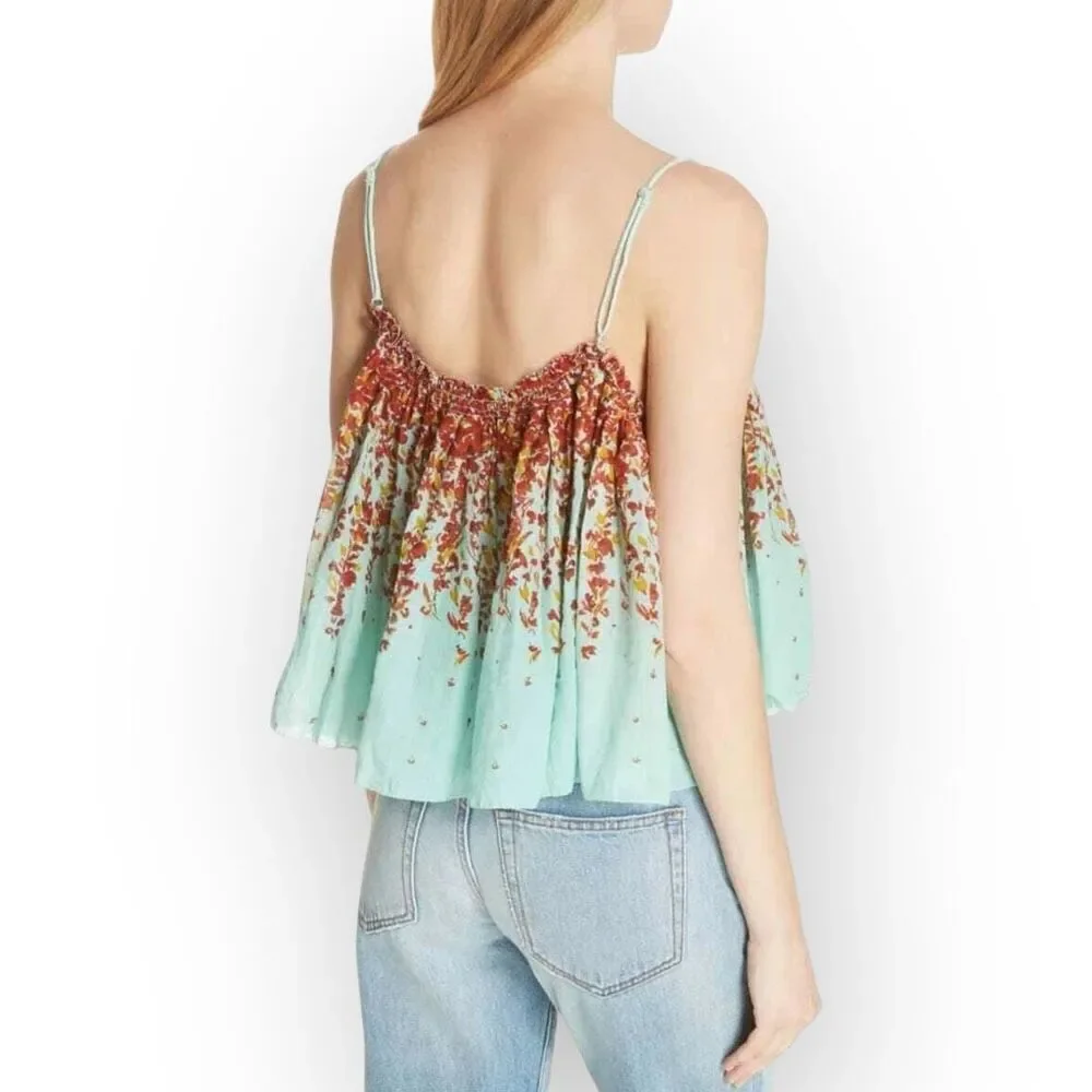 Free People L2146 Turquoise Instant Crush Printed Top Women's Size Large NEW